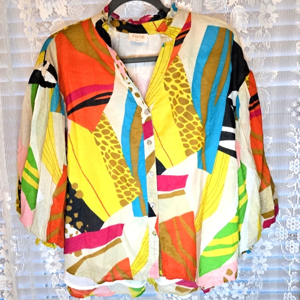 Fate, Button Down Womens Blouse, Medium, Colorful Poof Sleeves